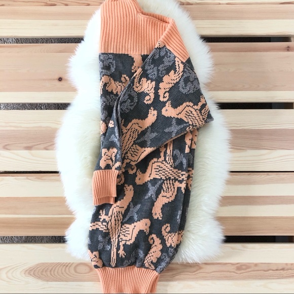 Vintage Sweaters - Vintage Bird Sweater Dress Peach Silver Gray